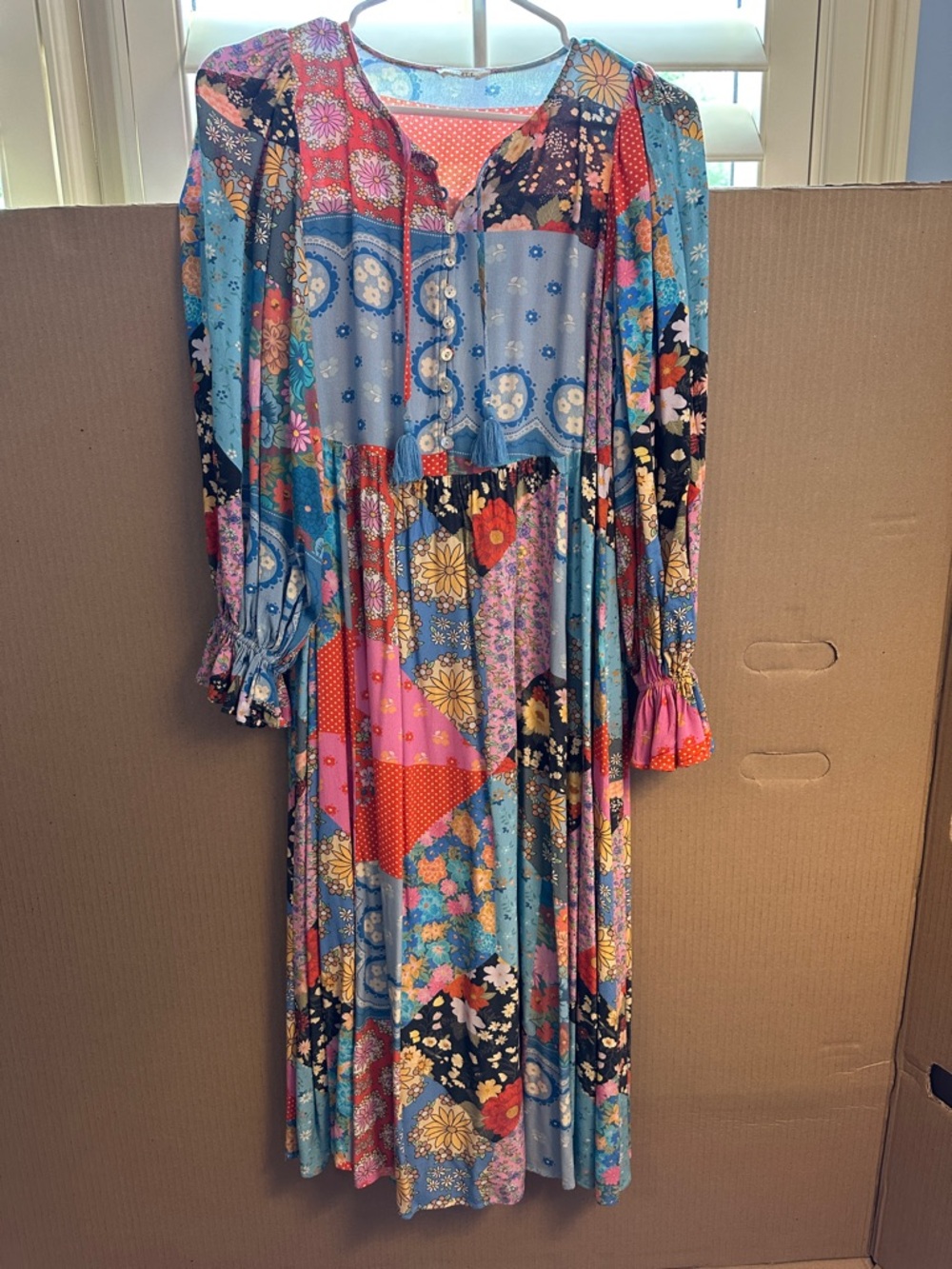 Spell Boho Patchwork Maxi Dress in Blue, Pink and Black